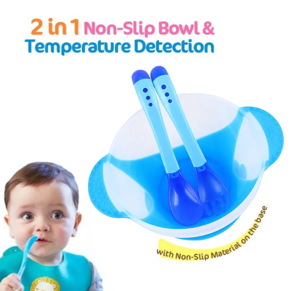 3 Piece Baby Suction Cup Bowl, Spoon and Fork Cutlery Set Photo Accessories 40 Degree Heating Colour Changing Newborn Bowl