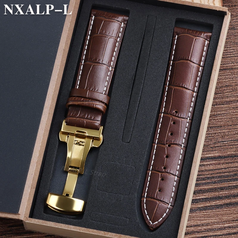 Luxurious Genuine Leather Watch Strap with Elegant Butterfly Clasp and Wooden Gift Box