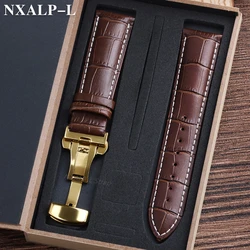 Luxurious Genuine Leather Watch Strap with Elegant Butterfly Clasp and Wooden Gift Box - 22mm (BrownWhite - GD)