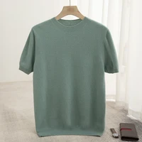 Spring Summer Men's Short Sleeved Pure Wool T-Shirt Sweater O-neck Solid Color Loose Pullover Knitted Sweater Casual Top 1