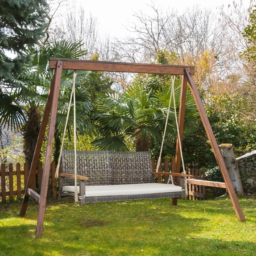 Swing 2-Person Outdoor Porch with 118 Hanging Ropes, Patiojoy PE Wicker Patio Hanging Swing Bench,Patio Swings
