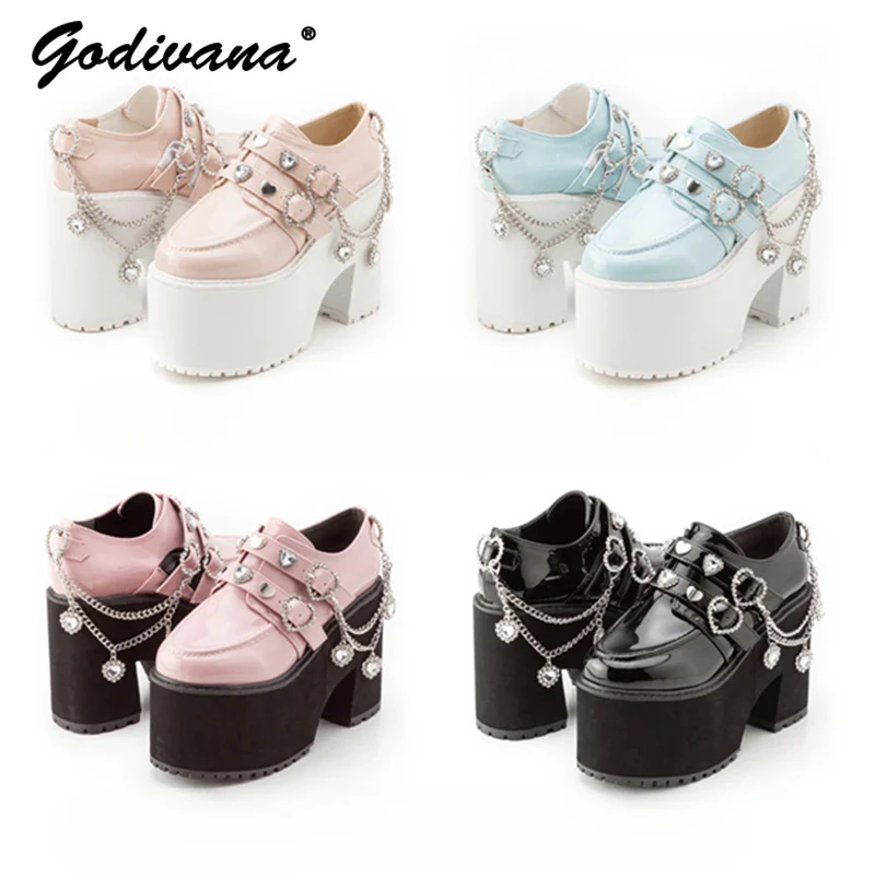 

Japanese Ins Retro High Heel 2024 New Spring Sweet Women's Rhinestone Chain Mary Jane Shoes Mine Lolita Girls JK Shoes Loafers