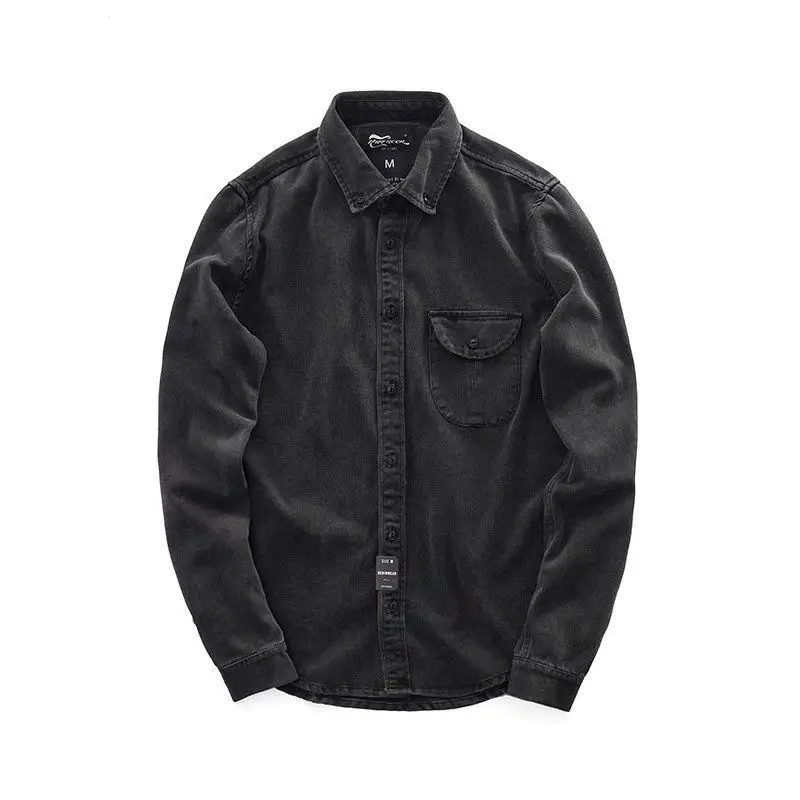 American Retro Graphite Washing Denim Shirt Long Sleeve Men Autumn Trendy Loose Work Shirt Jacket Handsome