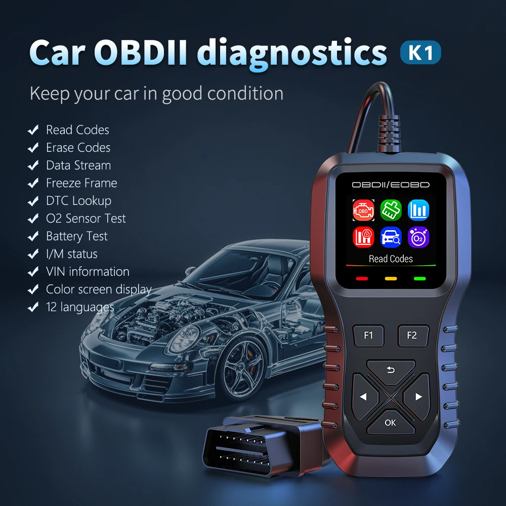 Car Diagnostic Tool With Read Codes Erase Codes Data Stream Color screen display 12 languages O2 Sensor Test K1 DTC Lookup 4