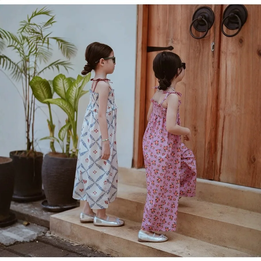 Summer Girls' Retro Floral Suspender Jumpsuit Suspender Loose Wide Leg Pants European and American Style Children Kids Rompers - Image 4