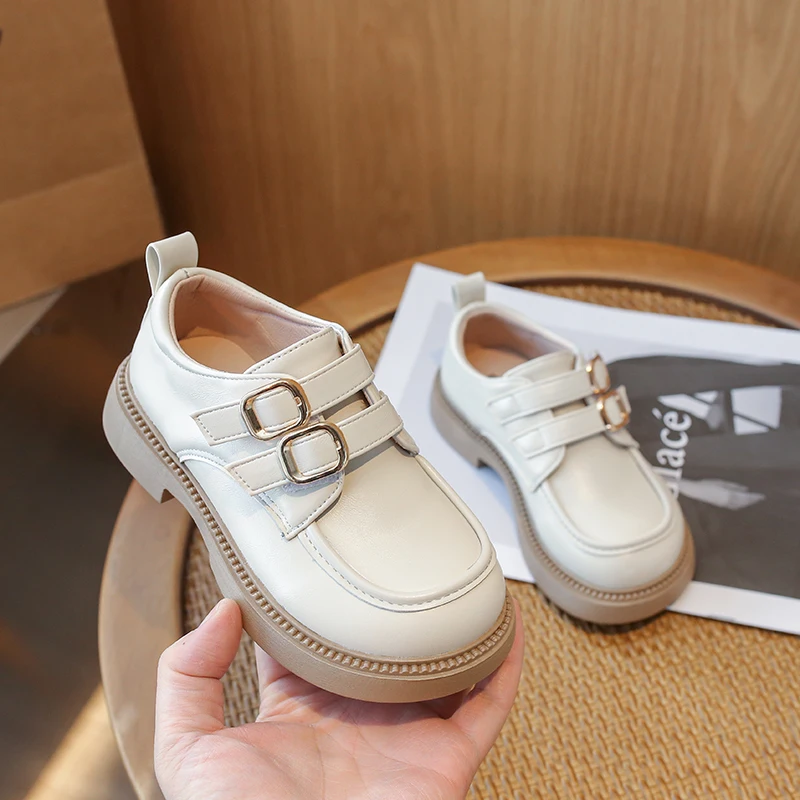 Children Leather Shoes Buckle Solid Color School Spring Kids Flat Shoe 23-36 Unisex Fashion Round Toe Flexiable Boys Girls Shoe
