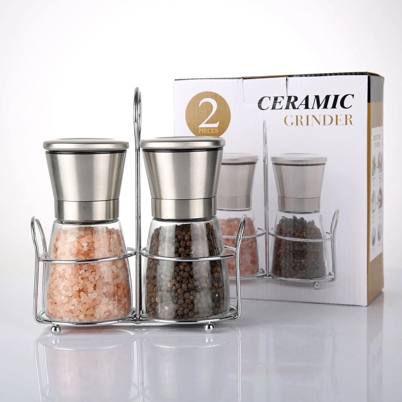 

Stainless Steel Salt and Pepper Grinder Set Refillable Set Glass Shakers with Adjustable Coarseness