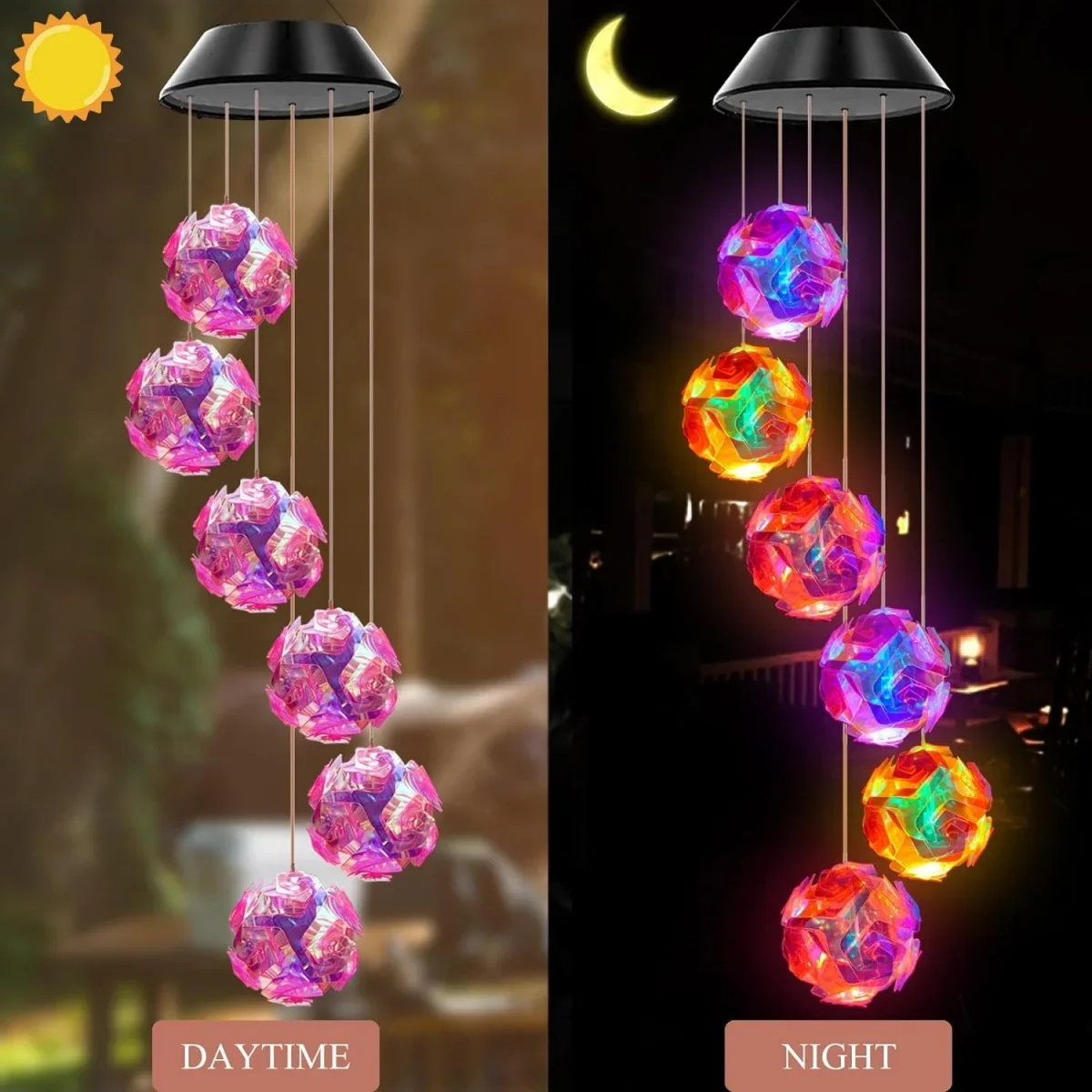 Pink Embroidered Ball Flower Wind Chime Light Waterproof Outdoor Night Light Hanging Solar Lamp Christmas Decoration