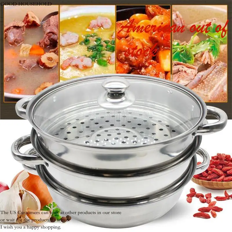 

Stainless Steel Soup Pot Set Kitchen Cookware Food Veg Steam Pan With Glass Lid Gas Stove Furnace Steamer