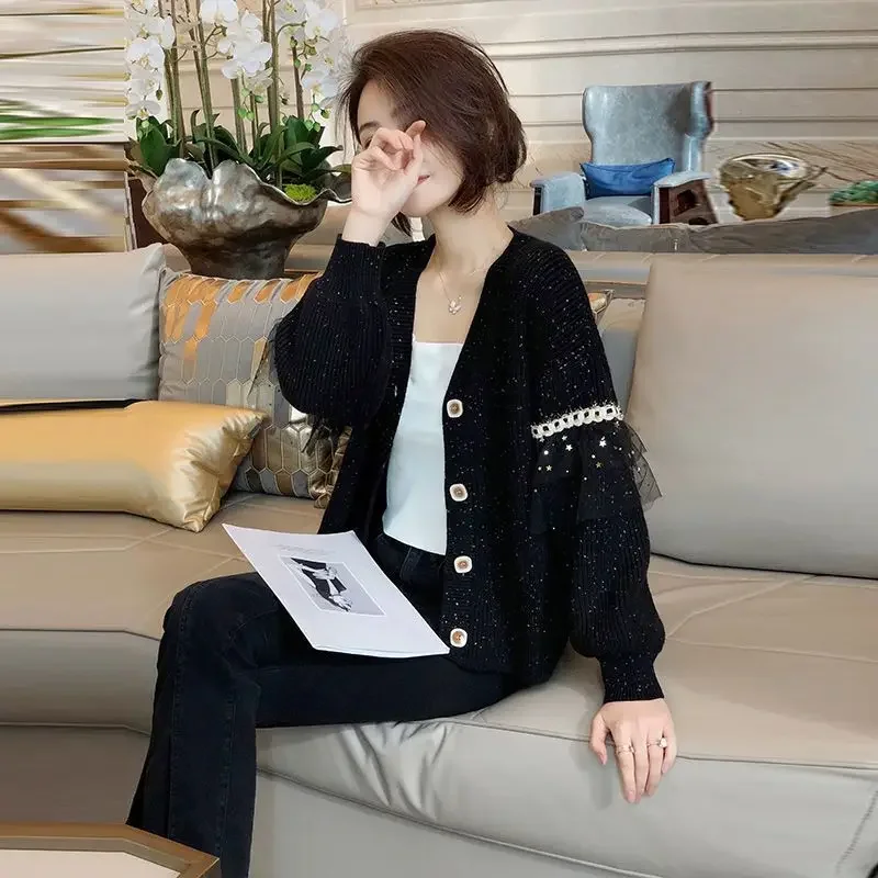 

Ladies Sweaters Mesh Cardigan Knitted Top for Women Black Harajuku Fashion Clothing Cold Winter Designer Y2k Korea Trend 2023