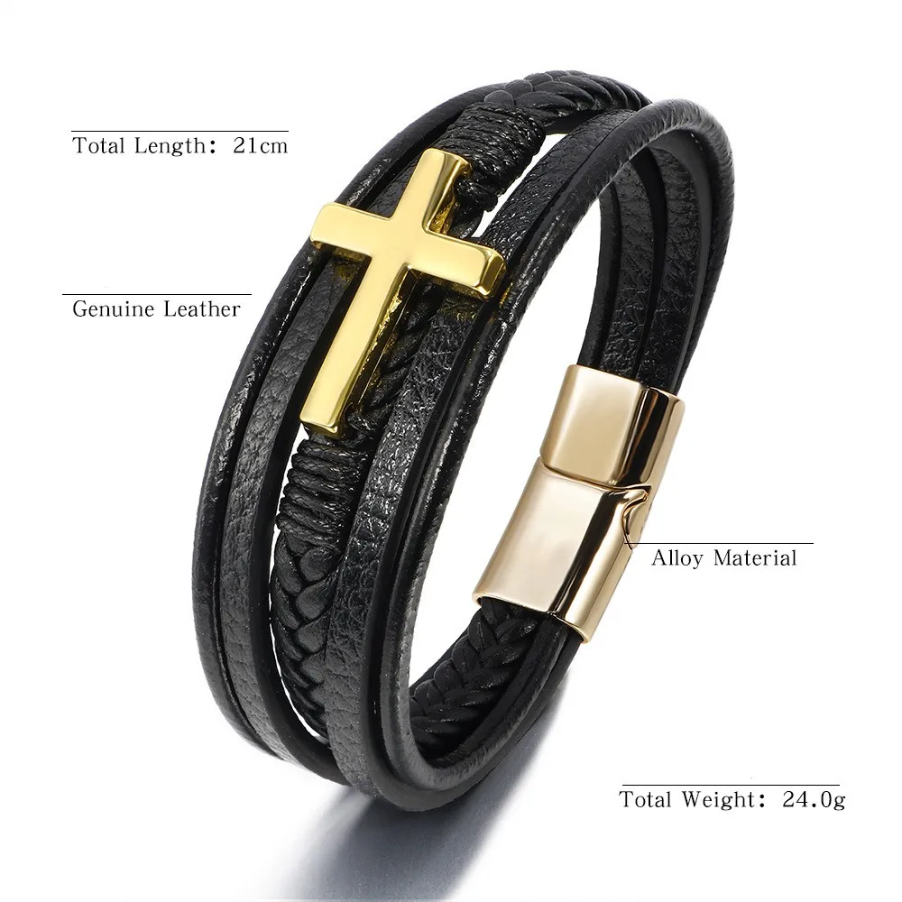 ZG European and American Cross Leather Bracelet For Men Multi Layer Hand Woven Genuine Leather Bracelet leather bracelet cross pendant necklace