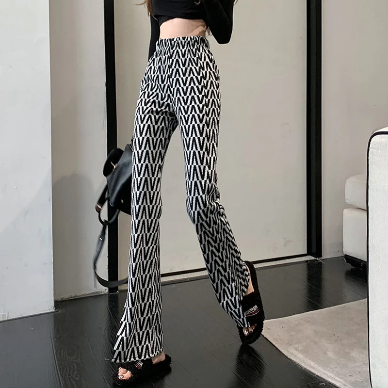 Women High Waist Geometric Print Flare Leggings Summer Flare Pants Fashion Bodycon Trousers Bell Bottom Split Ins Korea Leggings