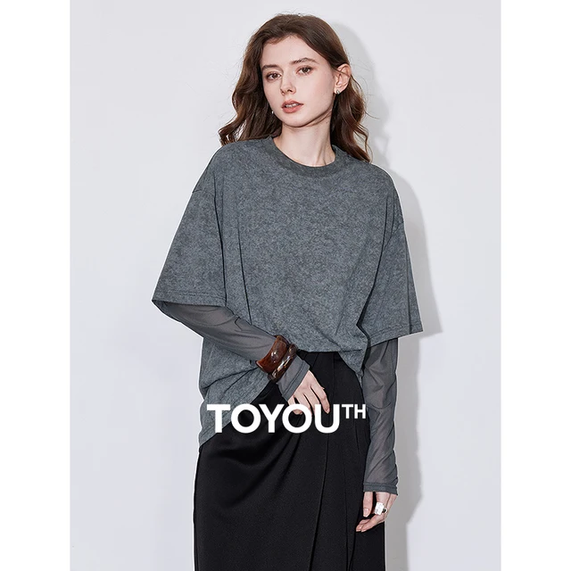 T-shirt imprimé faux deux pièces pour femmes, col rond, pull à la mode, printemps, nouveau, 2025 1
