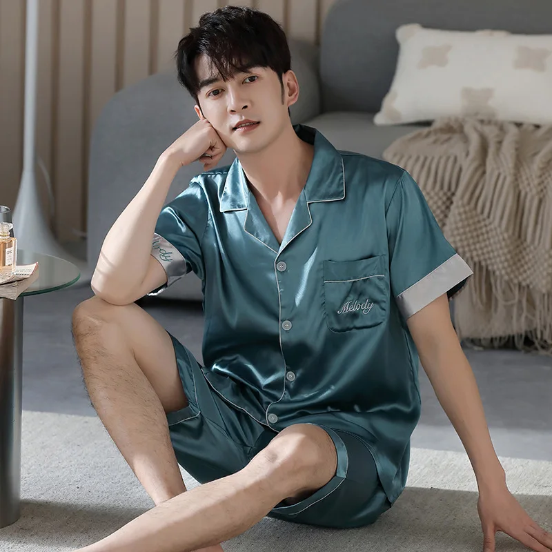 Summer Men's Thin Ice Silk Pajamas Short Sleeve Cardigan Shorts Two Piece Set Fashion Oversized Simulation Silk Home Clothing