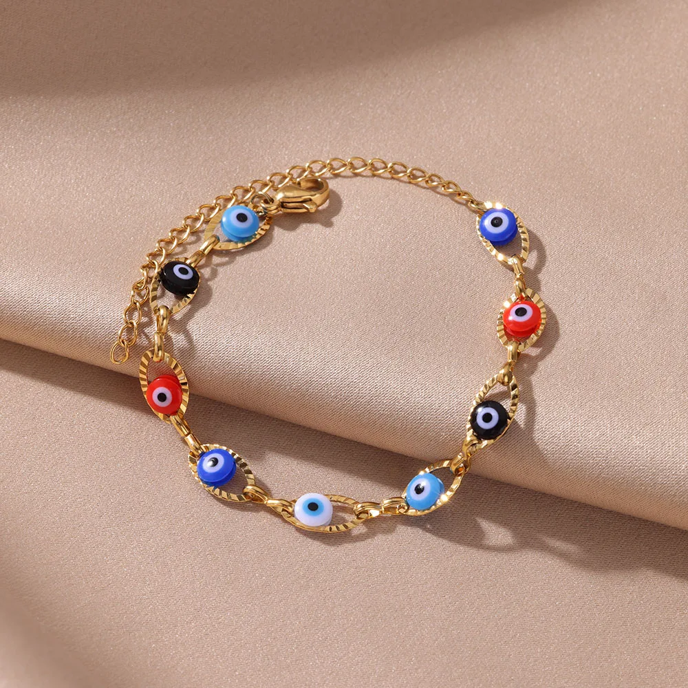 Stainless Steel Evil Eye Bracelet Women Men Gold Color Adjustable