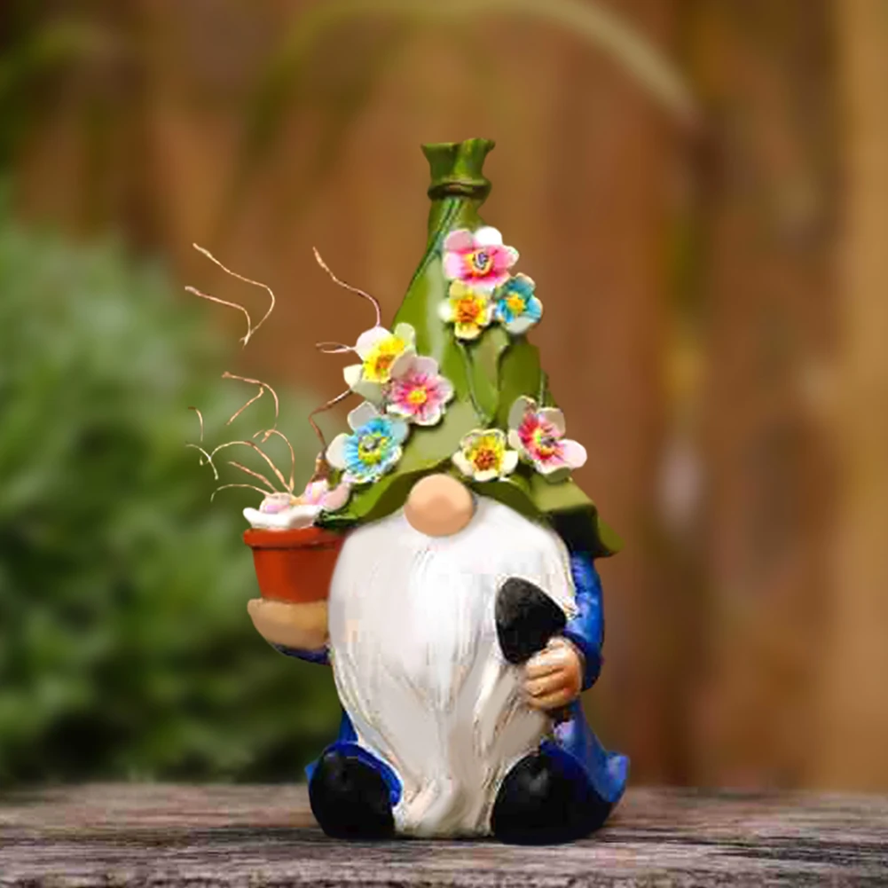 Garden Gnome Statues with Solar LED String Light Resin Crafts Garden Decor Resin Gnome Figurine Gifts for Housewarming Festival 2