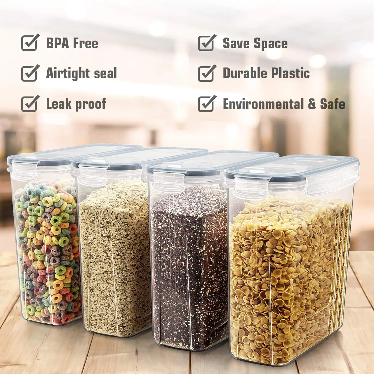 Cereal Storage Containers Set, Large BPA Free Plastic Airtight Food Storage Containers 4L /135.3oz for Cereal, Flour, Sugar, 6 P
