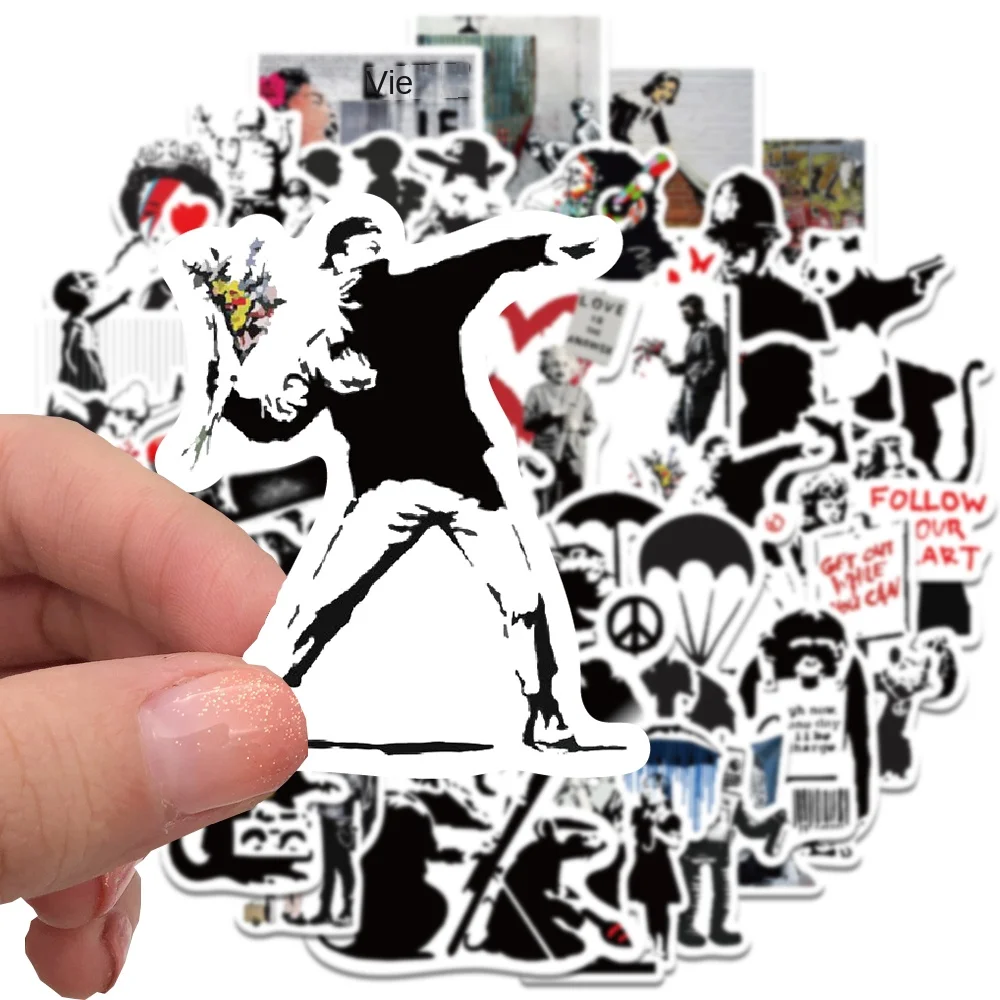 67 pièces Banksy Sculptures lanceur de fleurs autocollants Cool Street Art Graffiti décalcomanies pour bagages ordinateur portable Skateboard téléphone vélo