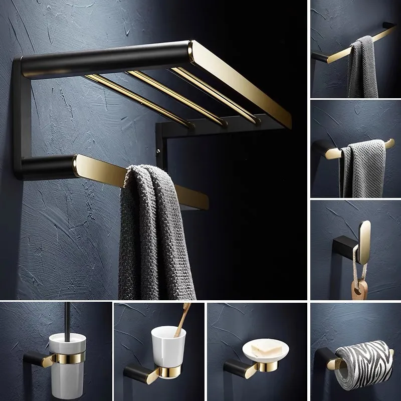 Brass Bathroom Accessories Gold & Black Bathroom Shelf,Towel Rack,Towel Hanger Paper holder,Toilet Brush Holder Bath Hardware