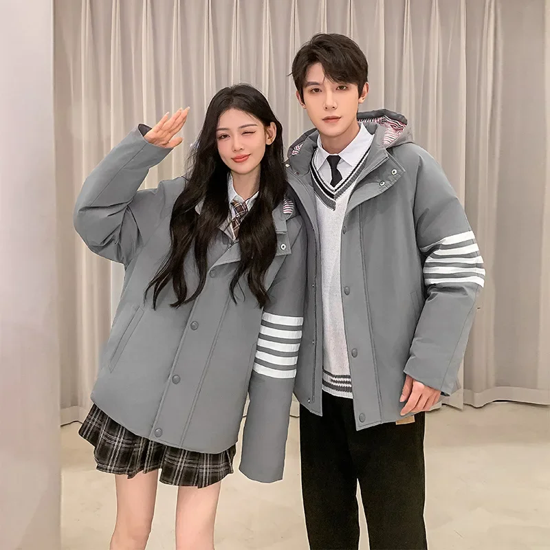 Top Grade Men's Women New Arrivals Fashion Korean TB Classic Gray Down Jackets preppy style Winter Warm Down Coat casual Parker
