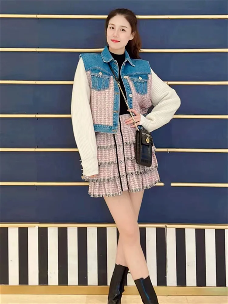 

Fake Two Piece Women Knitted Denim Spliced Jacket Spring 2024 New Ladies Single Breasted Fashion Turn Down Collar Coat