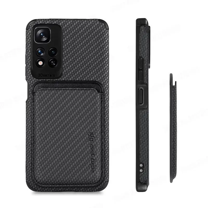 Magnetic Leather Wallet Case with Carbon Fiber Design