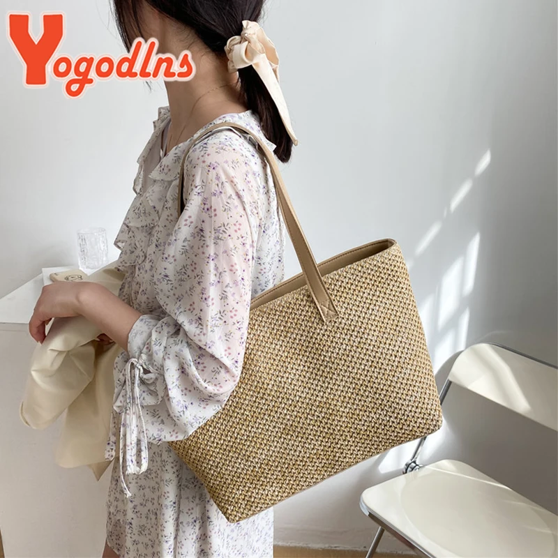 Summer Straw Bag Women Large Capacity Weave Totes Bag Handmade Rattan Beach Bag Vacation Lady Straw Shoulder Bag Pouch