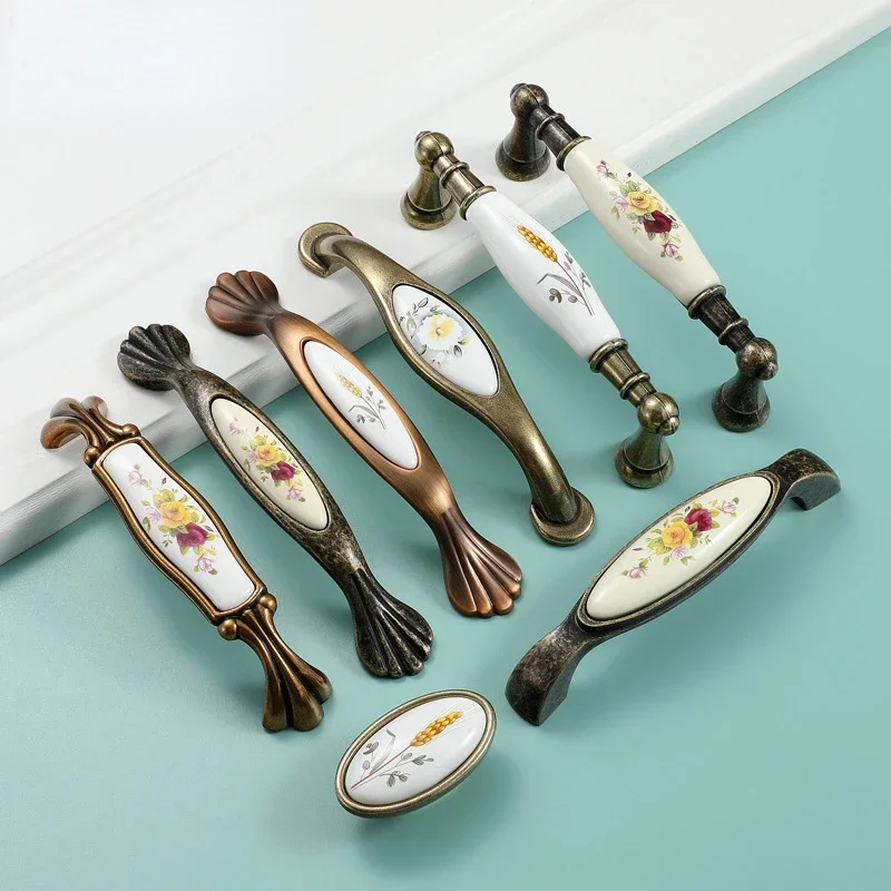Vintage Bronze Ceramic Cabinet Handles Wardrobes Door Pulls European Style Kitchen Handle Drawer Knobs Furniture Handle
