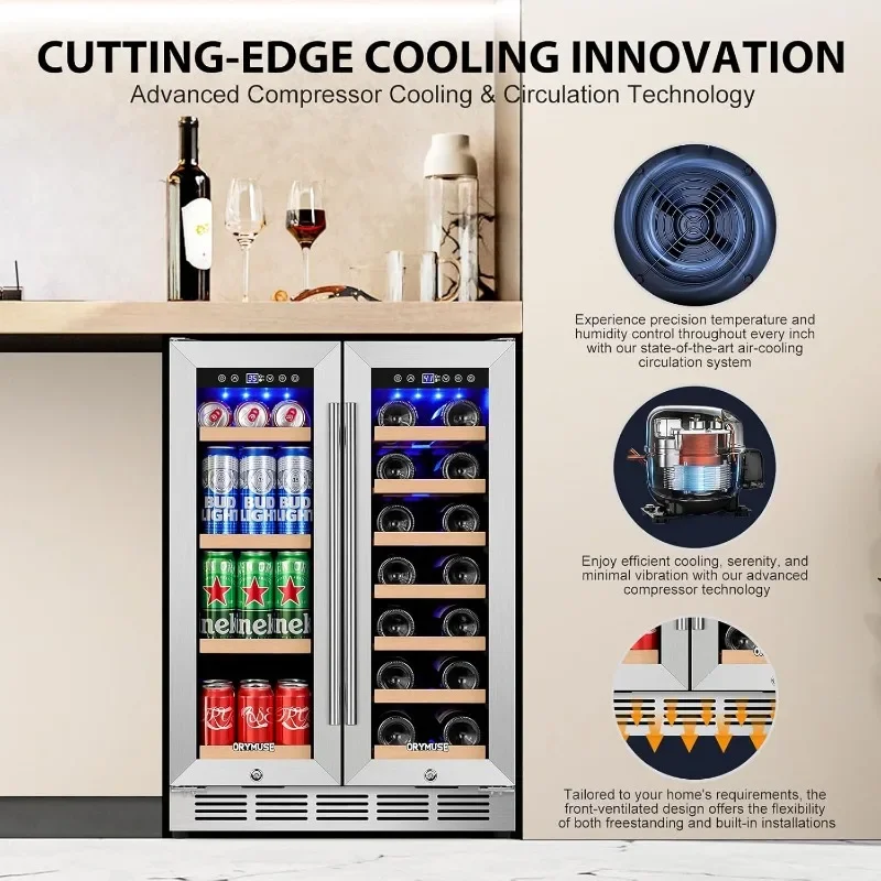 Wine & Beverage Refrigerator 24''-Dual Zone Beverage Fridge with Upgraded Cooling, Built-in or Freestanding