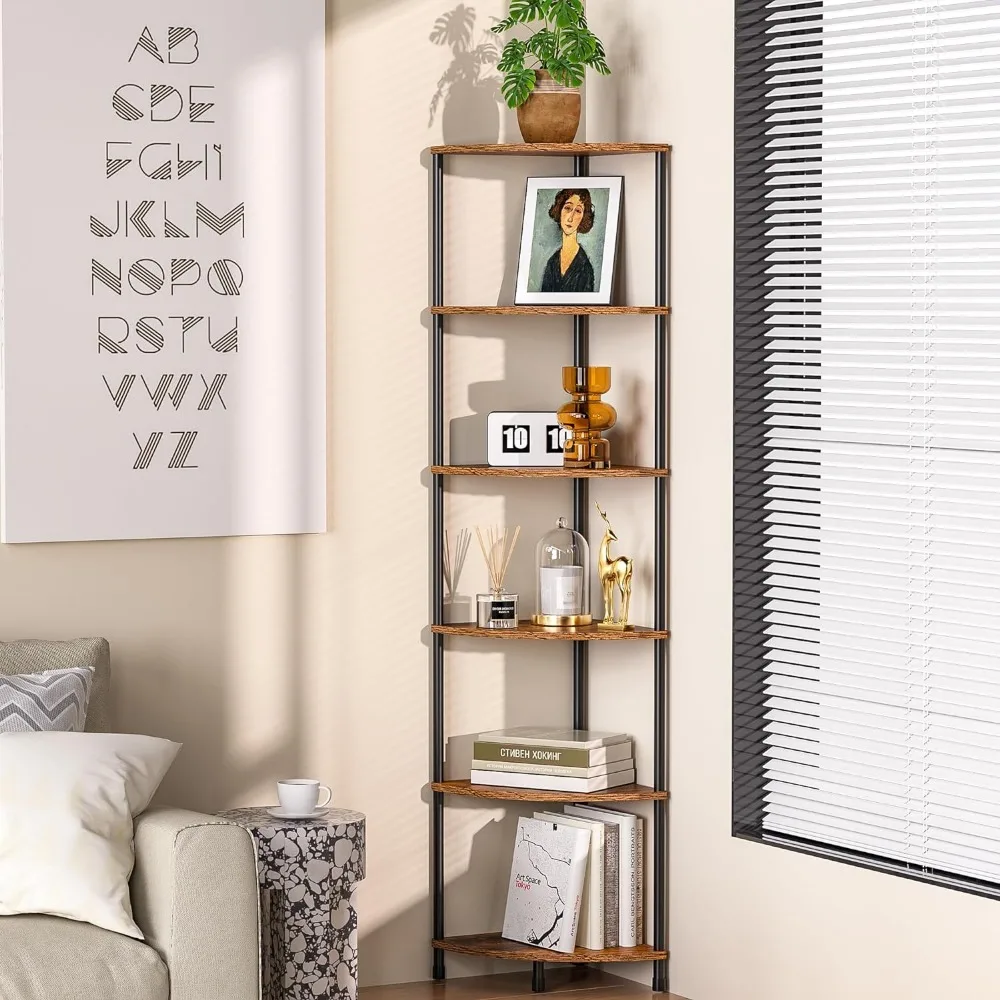 Corner Plant Stand Shelf, 6 Tier Tall Shelf Plant Stand for Indoor Plants, Rustic Brown Corner Shelf Bookshelf Wall Decor Living