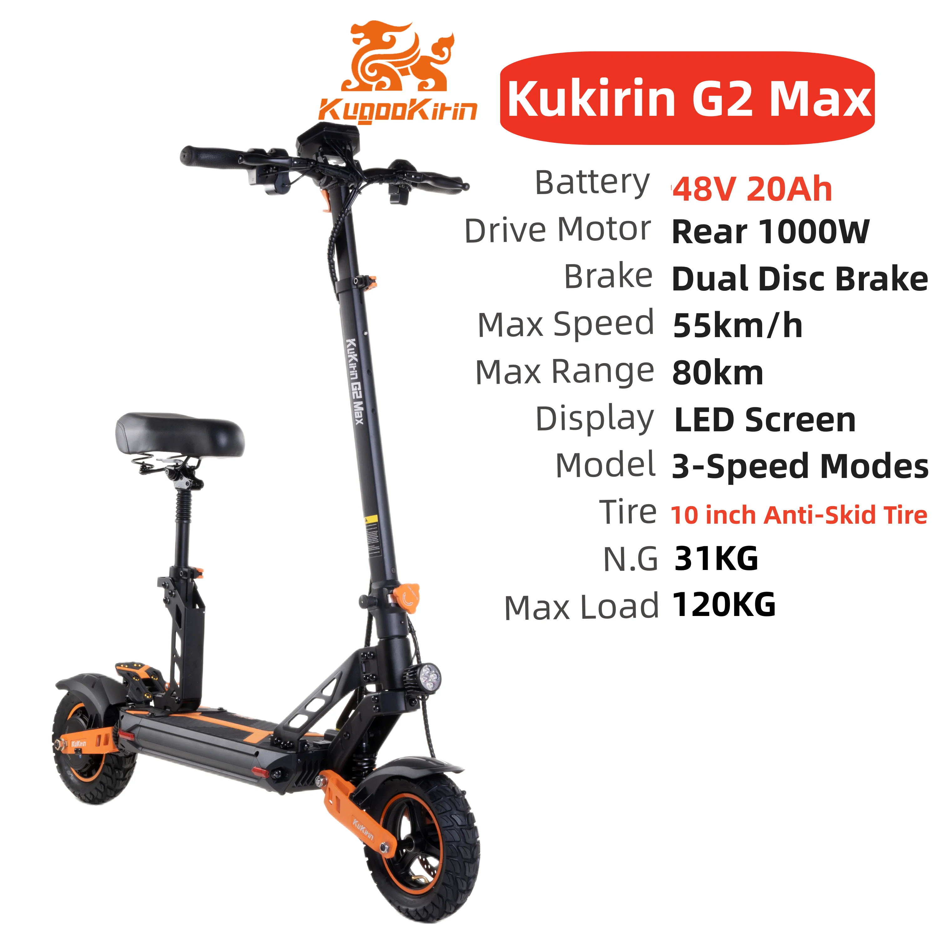 KuKirin G2 Max Electric Scooter 10 Inch Off-road Tires 1000W Motor 55Km/h  Max Speed