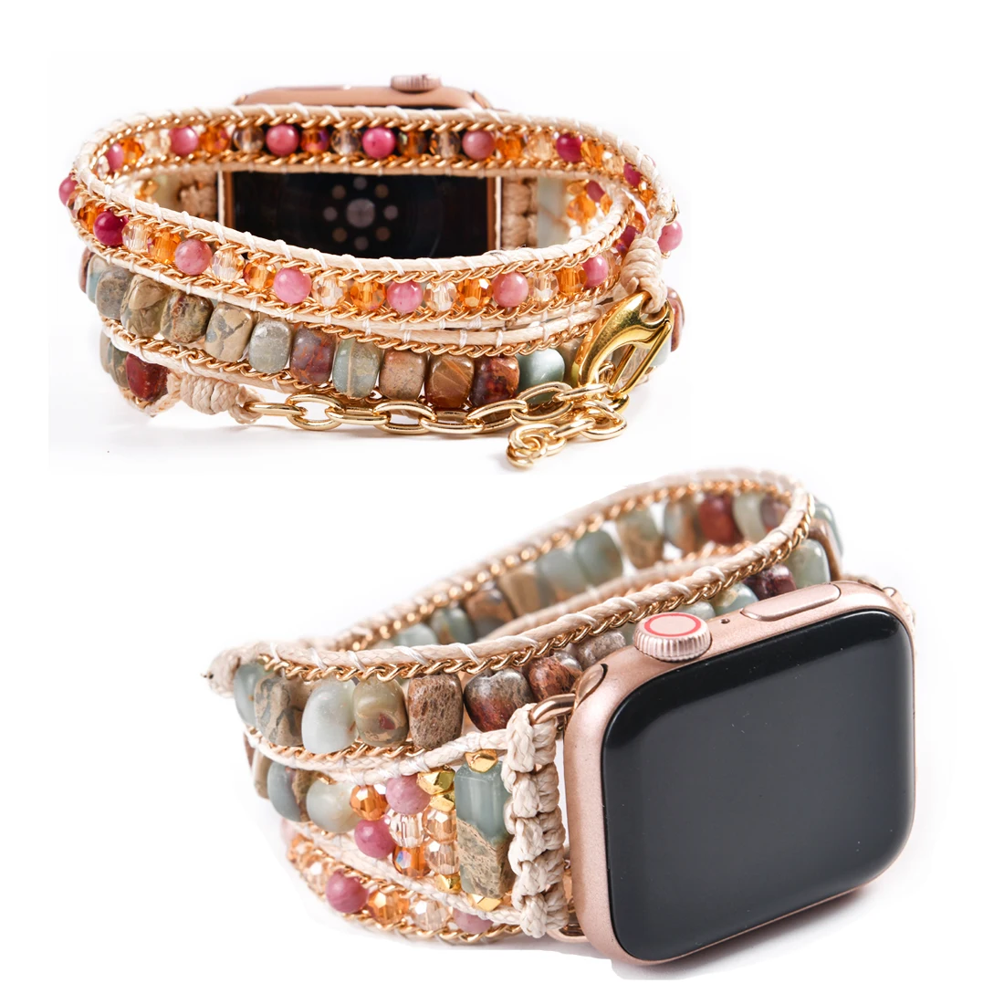 New Design Natural Stone Apple Watch Band Vegan Beaded Strap Smartwatch Bracelet For Iwatch Series 1-8 Accessories with Chain