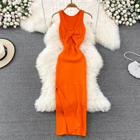 YuooMuoo Women Dress Sexy Wrap Hips Two Sides Available Split One-Piece Long Dress Fashion Knot Knitted Bodycon Party Robe Femme - Image 3