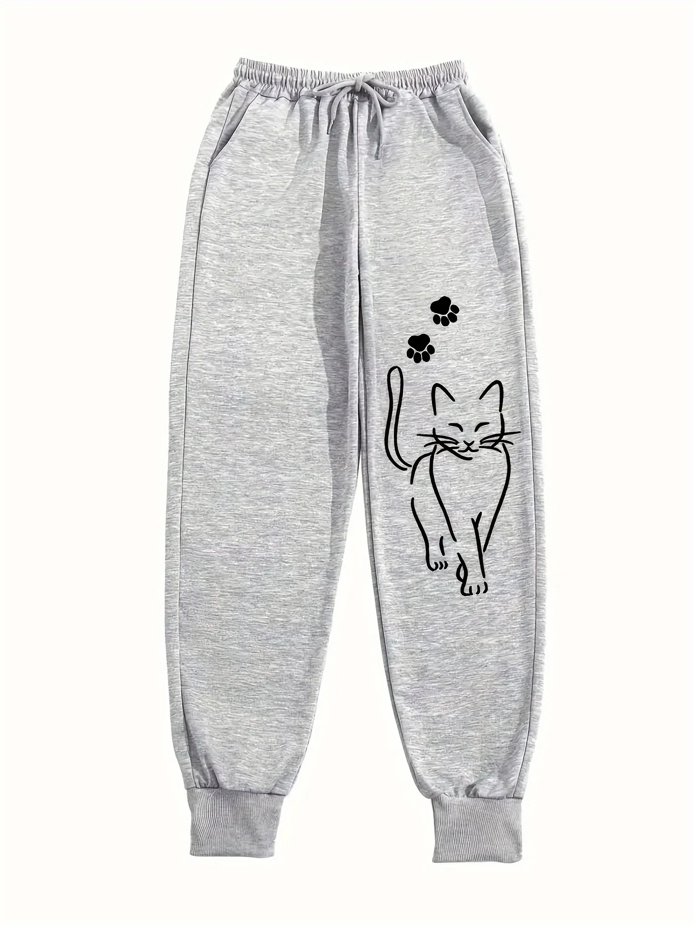 Elegant Cat Print Casual Versatile Women Pants Fashion Trendy Trousers With Drawstring Pockets Comfortable Sweatpants Female 2