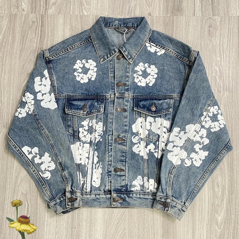 

Vintage Washed Blue Denim Tears Jacket Kapok Print Men Women 1:1 High Quality Fashion Loose Streetwear Ready Made Tears Coat