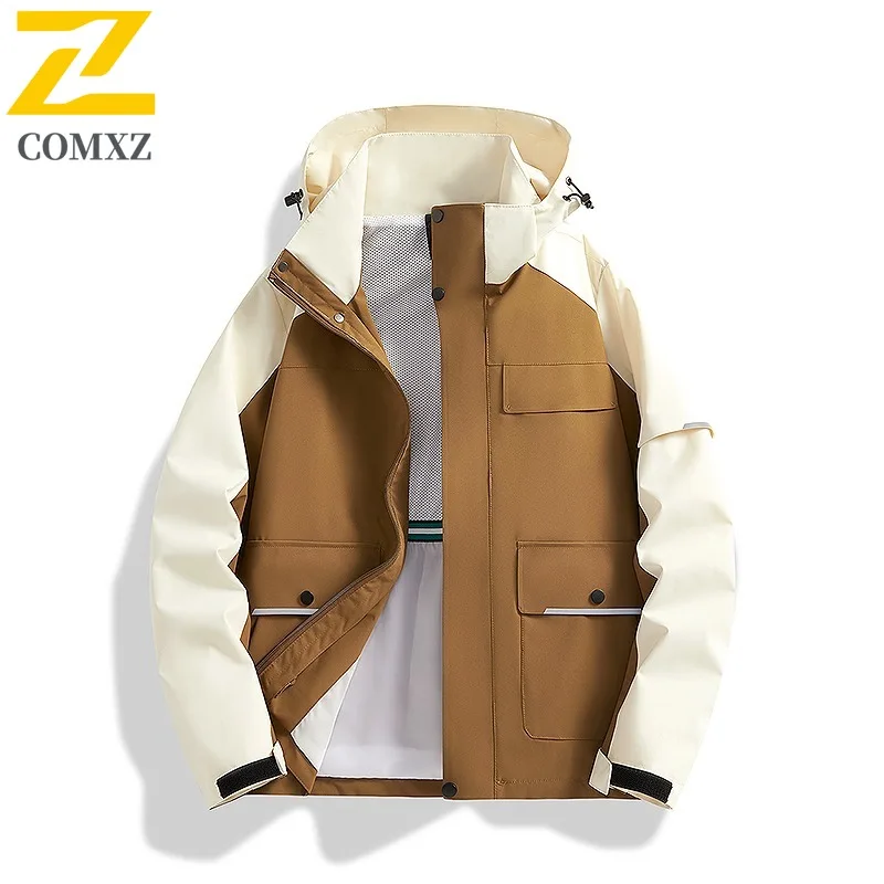 COMXZ Hooded Men Jacket Outdoor Climbing Wind Resistant Motorcycle Coat Urban Street Wear Resistant Lightweight Autumn Apparel