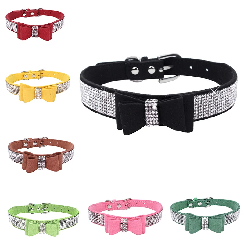 Pet Dog Cat Rhinestones Bow Knot Collar Bling Soft Cute Tie Collar Pu