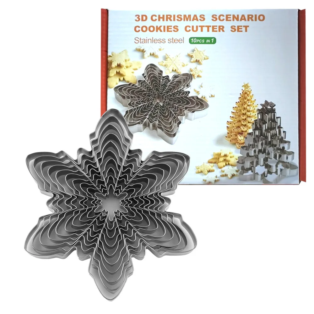 3D Christmas Snowflake Cookie Cutter Stainless Steel Fondant Biscuit Embossing Mold Baking Accessories Kitchen Tools 10pcs/set cookie cutter cookie mould cookie printing mold cookie maker press kit pastry cutter