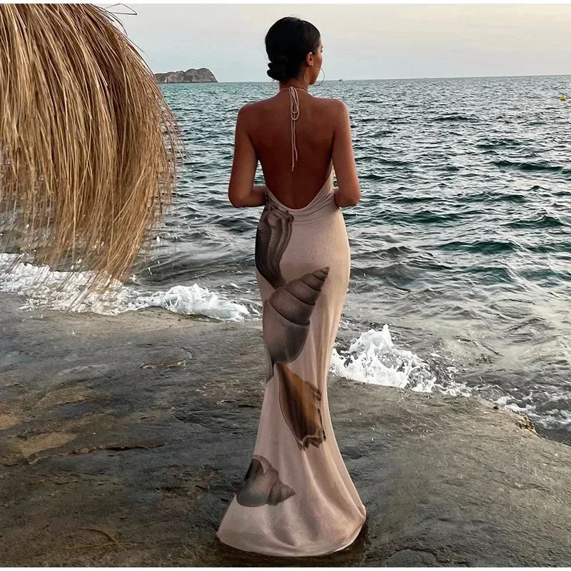 Vestidos largos de tul con espalda descubierta y estampados para mujer, vestidos de fiesta sin mangas con cuello halter y cordones, moda 2025, batas ajustadas para vacaciones en la playa.