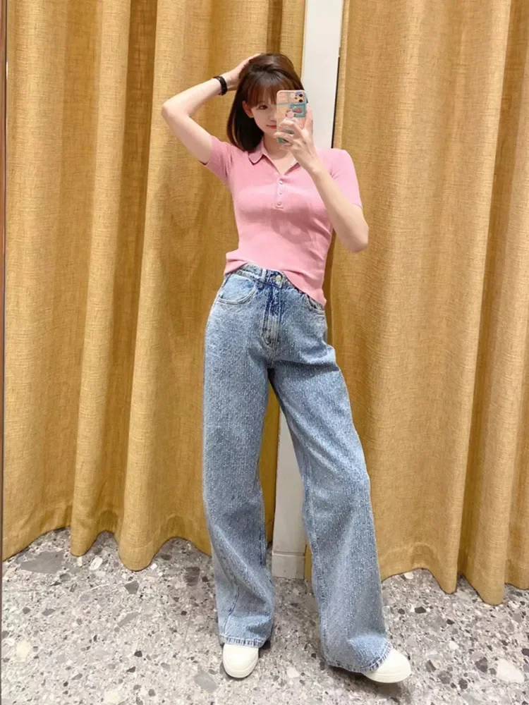 

Women Rhinestone Decoration Jeans High Waist 2024 Spring Summer Female Loose Straight Denim Long Pants