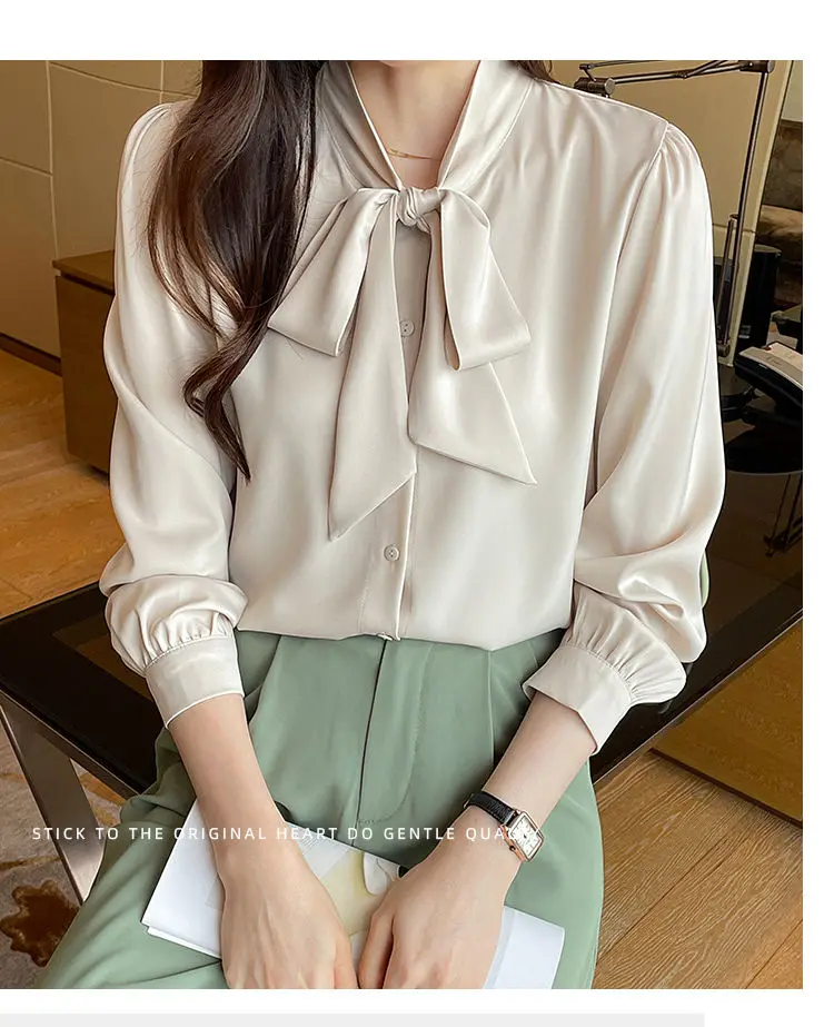 Korean Lacing Loose Solid Blouse Spring Autumn New Chiffon Long Sleeve All-match Elegant Shirt Tops Fashion Office Women Clothes