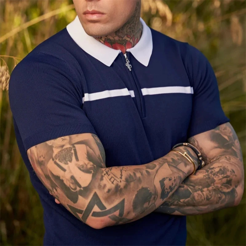 

2023 new Men Sport Tee Polos Splicing T-Shirt Top Fitness Short Sleeve Blouse Casual Slim Fit Summer Breathable Gym Men T-Shirt