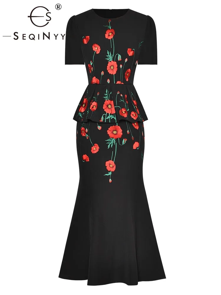 

SEQINYY Elegant Dress Summer Spring New Fashion Design Women Runway Vintage Embroidery Flower High Street Slim Midi Ruffles