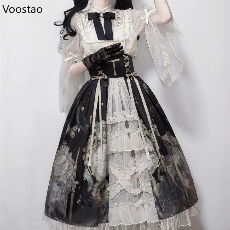 Lolita Dress Victorian Vintage Gothic Women Elegant Chic Lace Mesh Bow Shirts Butterfly Print Skirt Suit Sweet Princess Set