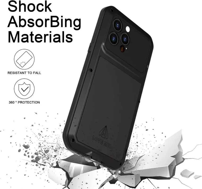 LOVE MEI Heavy Duty Military Tough Armor Metal Case for iPhone 14Pro Max 14Plus Full Body Protection Cover Hybrid Hard Aluminum