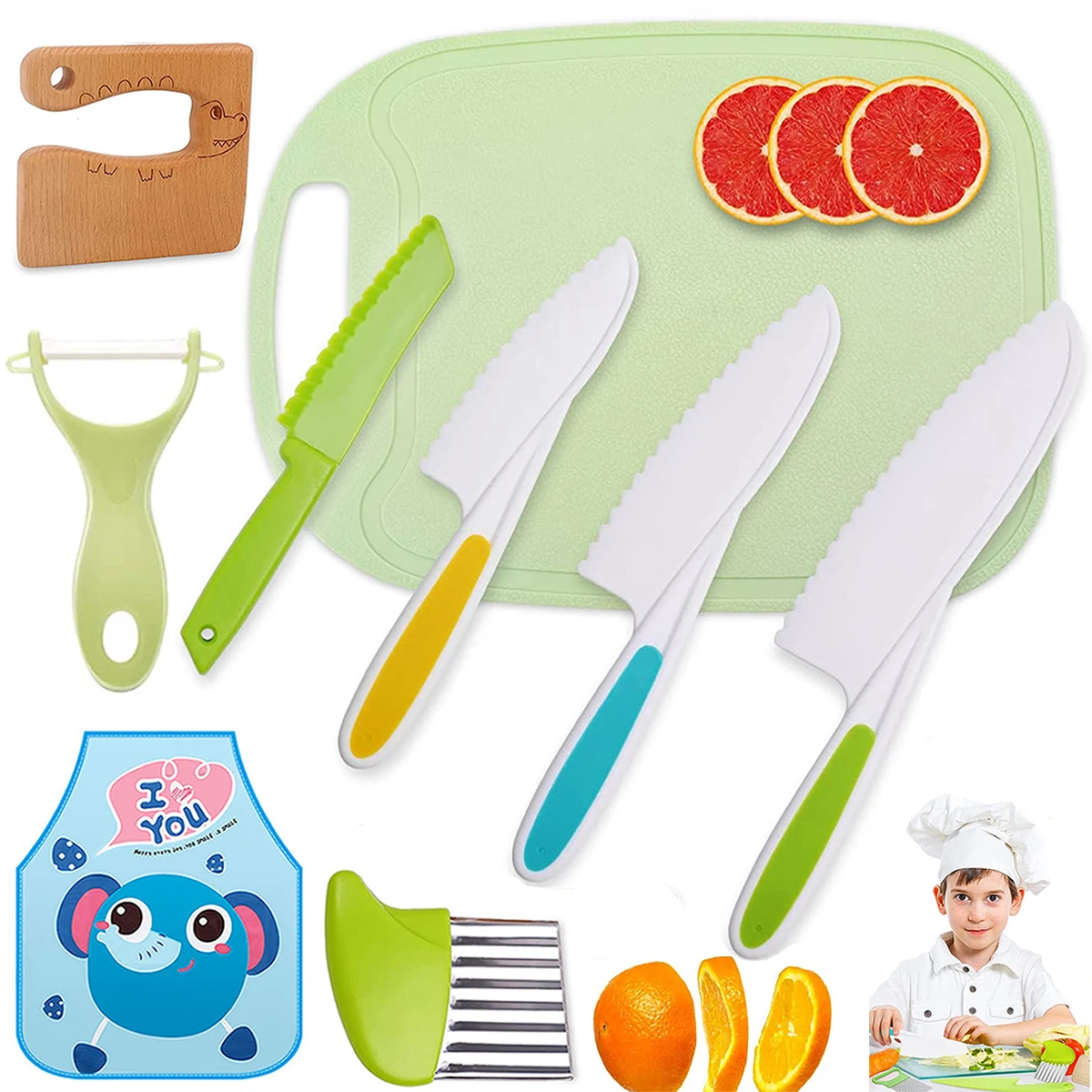 5 Cuchillo de cocina de madera para niños, juego de cuchillos para niños  pequeños, cuchillos de cocina, cortador arrugado de verduras, utensilios de  cocina para niños, suministros YONGSHENG 8390612816642