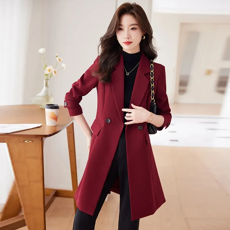 High quality long long blazer for women jacket double breasted autumn winter 2023 elegant fashion clothes - blue brown red