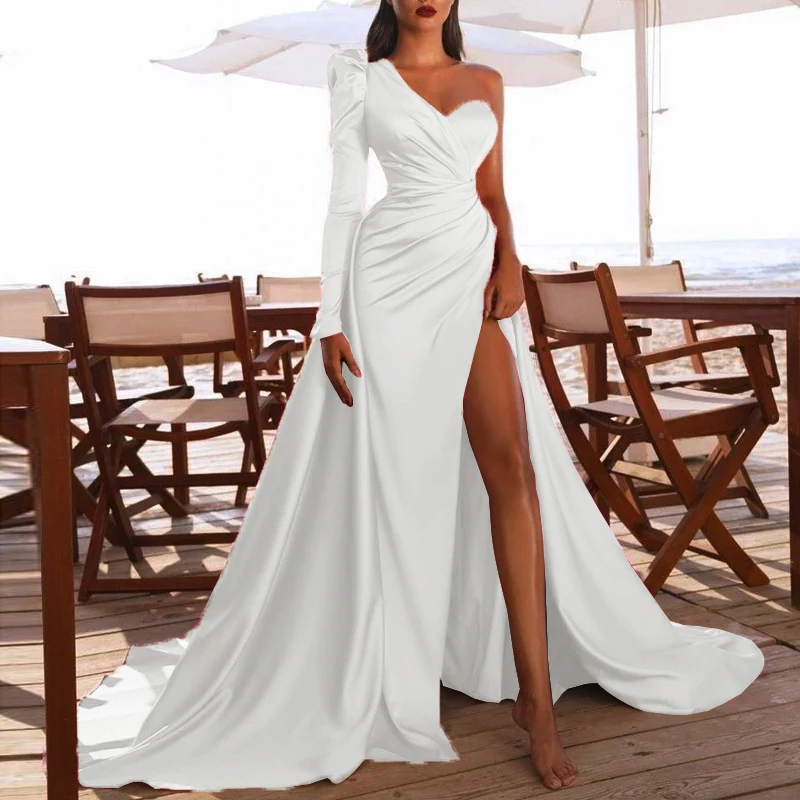 

Wedding Party Dress One-shoulder Folds Split Cocktail Elegant Fashion Long Dress Tight-fitting Formal Dress Bridal Prom Vestidos