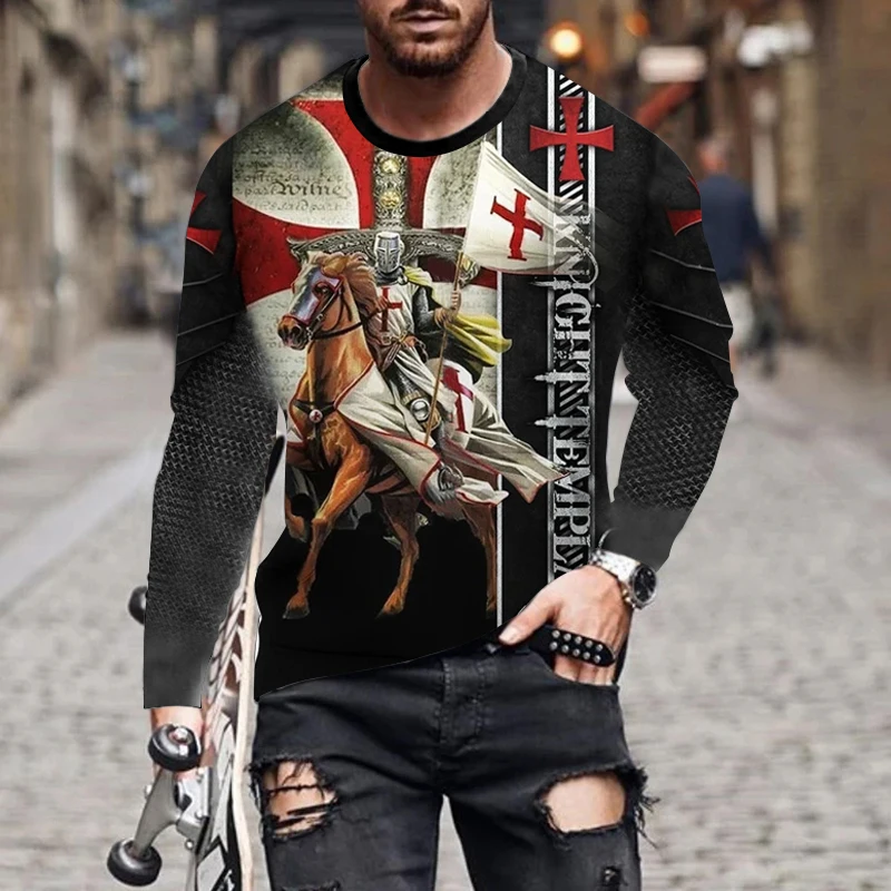 Vintage Printed Samurai Long Sleeve T-shirt Templar 3d Pattern European And American Style Men's Spring Imitation Cotton Shirt