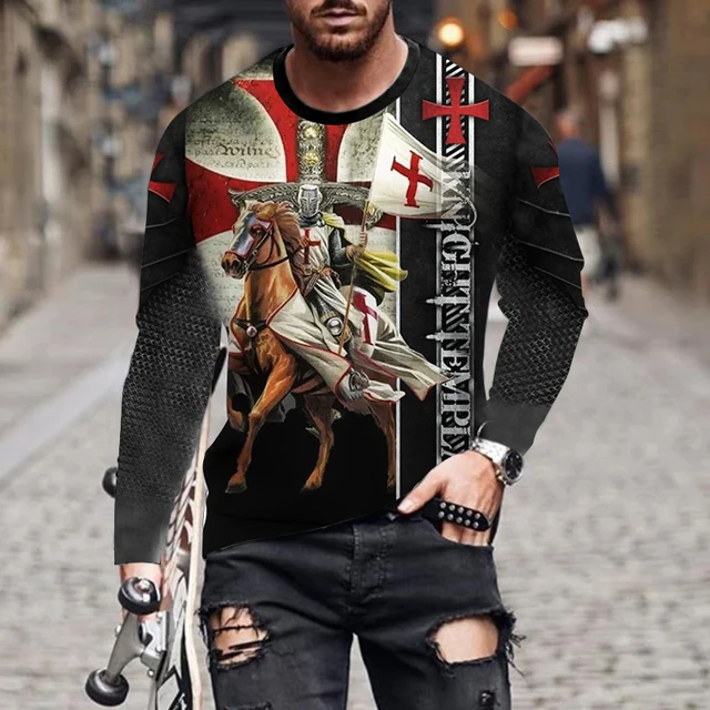 Vintage Printed Samurai Long Sleeve T-shirt Templar 3d Pattern European And American Style Men's Spring Imitation Cotton Shirt 3